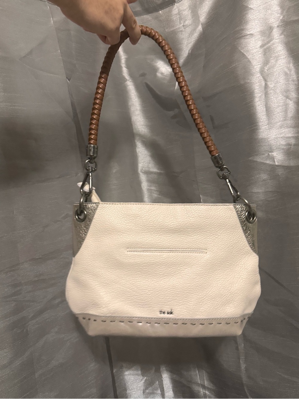 The Sak White Leather Shoulder Bag with Brown Braided Handle